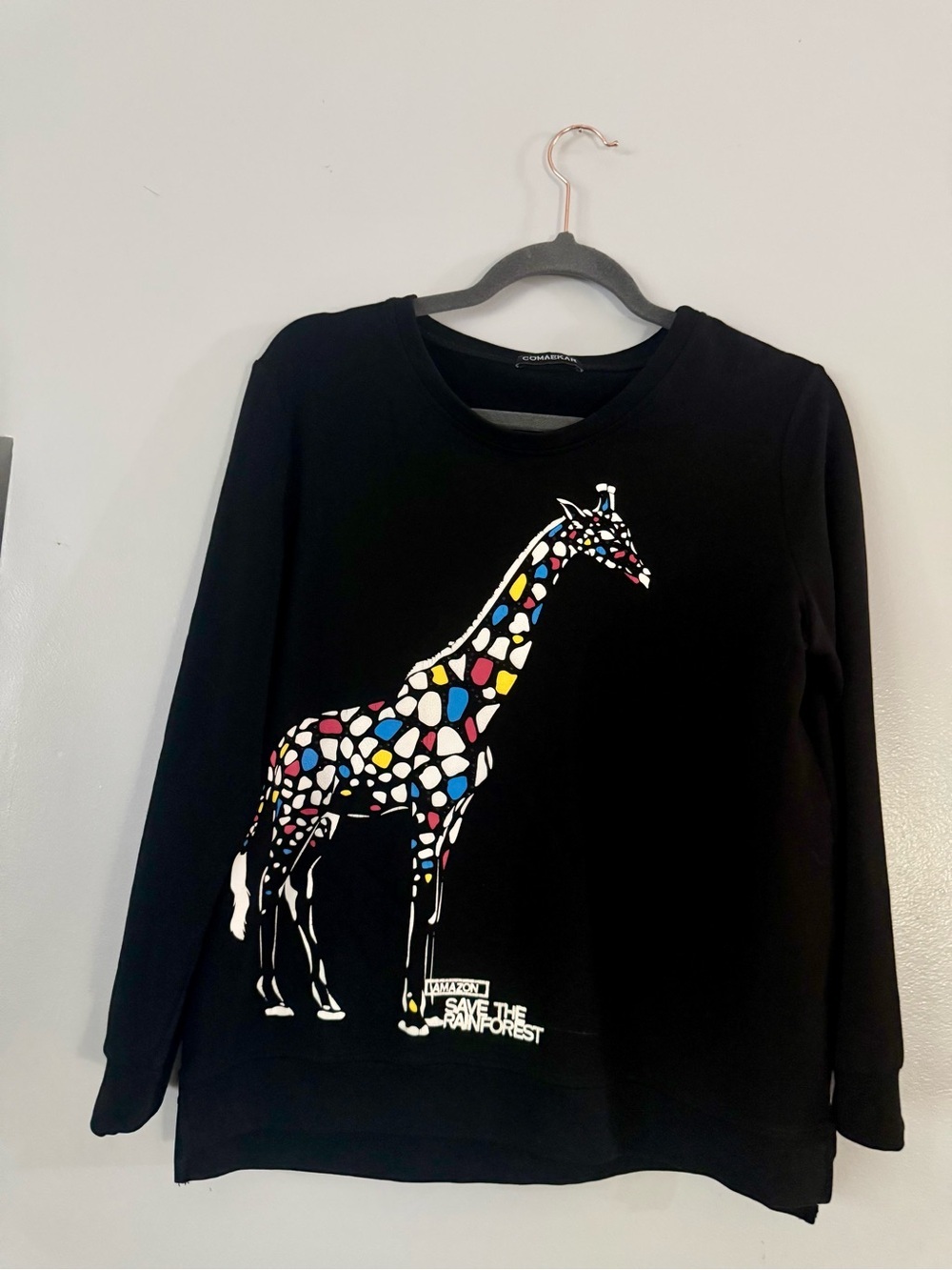 Comaekar Black Giraffe "Save The Rainforest" Graphic Sweatshirt Crewneck XL